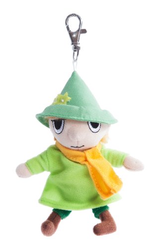 Green plush Snufkin keychain with a silver metal clip.