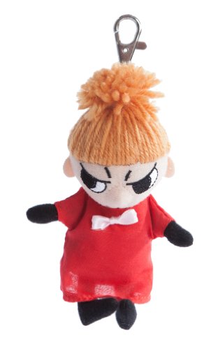 Small Little My plush keychain with orange hair, red dress, and metal clip.