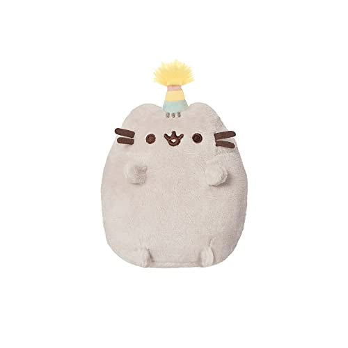 Grey Pusheen plush toy wearing a colorful party hat.