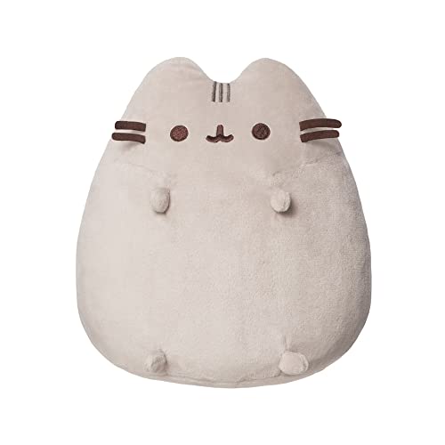 Grey, seated Pusheen plush toy with small paws and simple face.