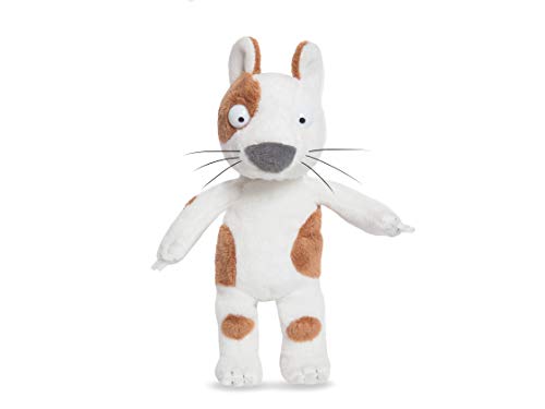 White and brown plush dog toy with large eyes and whiskers.