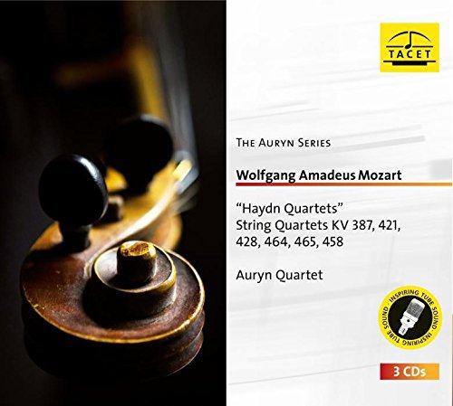 CD cover featuring a violin scroll and text: Mozart “Haydn Quartets” by Auryn Quartet.
