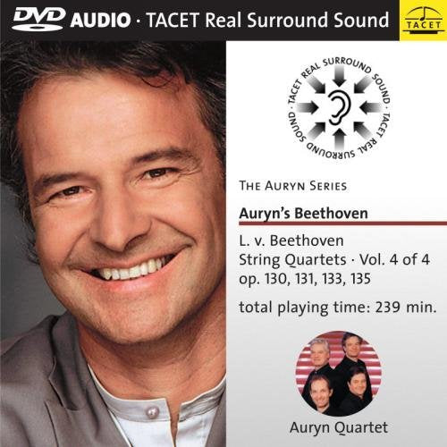 The image shows a DVD cover featuring a man's portrait and musical details. Alt text: "DVD cover with man's portrait and string quartet details."