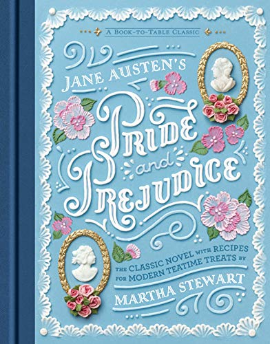 Blue book cover featuring floral designs and the title “Pride and Prejudice.”