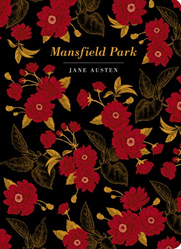 Book cover with red flowers and gold leaves on a black background, titled Mansfield Park.