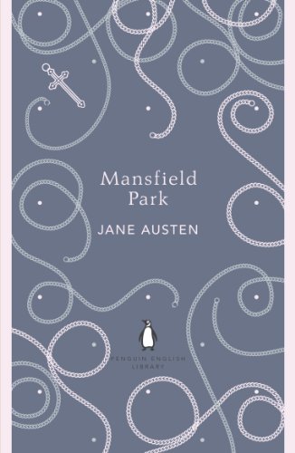 Book cover of Mansfield Park by Jane Austen with a blue background and chains.