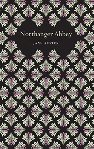 Book cover of Northanger Abbey by Jane Austen with a black and purple art-deco pattern.