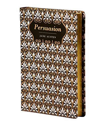 Hardcover book titled Persuasion by Jane Austen with a black and gold patterned cover.