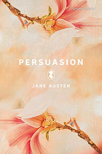 Book cover of "Persuasion" by Jane Austen with pink magnolia blossoms.