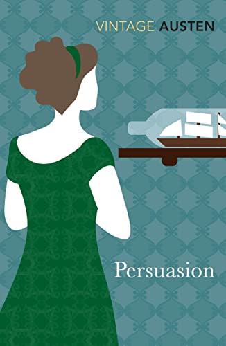 Book cover of "Persuasion" featuring a woman and ship in a bottle.