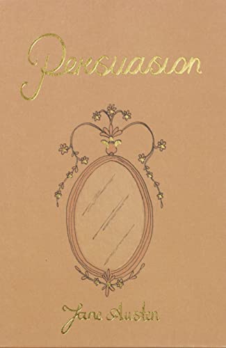Tan book cover with gold cursive title Persuasion, an oval mirror illustration, and author name.