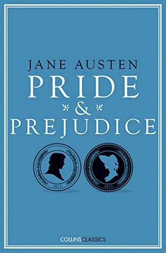 Blue book cover for "Pride & Prejudice" by Jane Austen, with silhouettes.