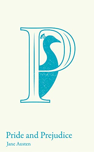 Book cover featuring a large blue letter P containing a peacock silhouette, titled Pride and Prejudice.