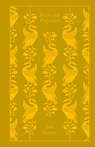 "Green clothbound book cover with gold swan pattern and title 'Pride and Prejudice' by Jane Austen."