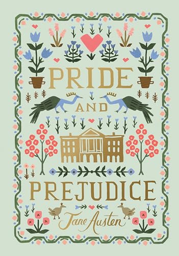 Book cover for Pride and Prejudice with folk art illustrations of birds and flowers.