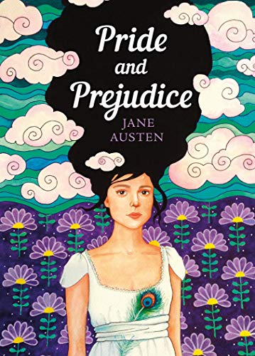 "Pride and Prejudice" book cover featuring a woman in white dress with peacock feather.