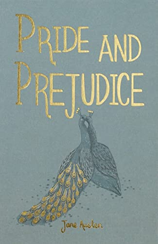 Cover of "Pride and Prejudice" with gold lettering and peacock illustration.