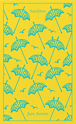 Yellow book cover with repeating blue umbrella and bird pattern.