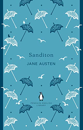 Blue book cover with white umbrellas, birds, and a penguin.