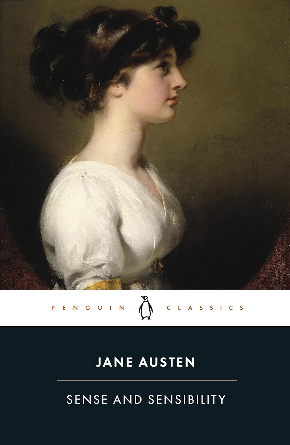 Penguin Classics edition of "Sense and Sensibility" with a portrait of a woman.