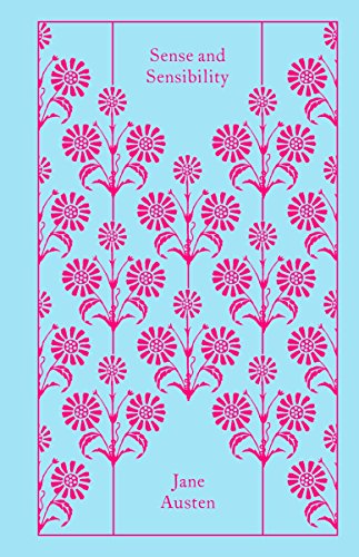 Light blue book cover with pink floral pattern and title "Sense and Sensibility" by Jane Austen.