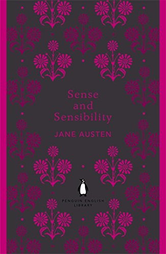"Book cover with dark grey background, pink floral pattern, and title 'Sense and Sensibility'."