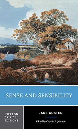 Book cover: "Sense and Sensibility" with landscape painting and text.