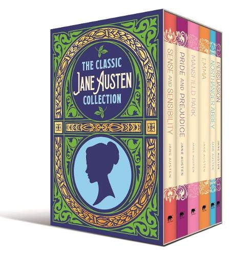 Six-volume box set of Jane Austen novels with ornate gold detailing.