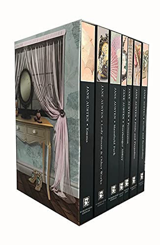 A boxed set of seven Jane Austen books with black spines and illustrated covers.