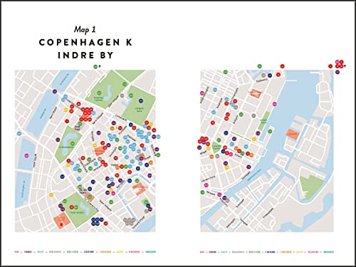 Two city maps of Copenhagen K Indre By marked with colorful location dots.