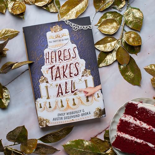 Book cover with a tiered cake image, gold leaves, and red velvet slice.