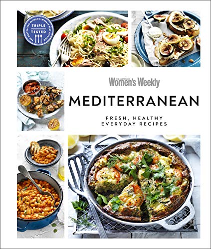 "Cookbook cover featuring collage of Mediterranean dishes, titled 'Mediterranean: Fresh, Healthy Everyday Recipes'."