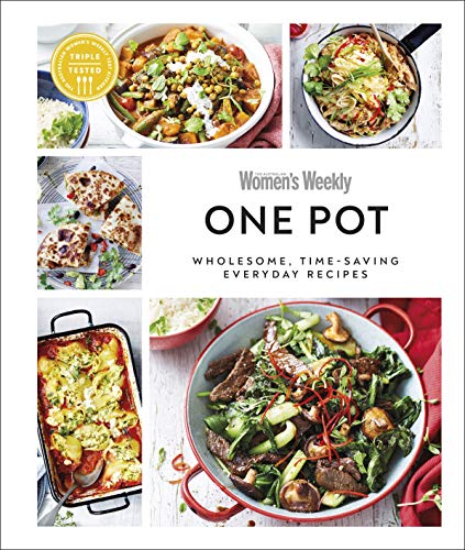 Cookbook cover featuring six colorful photos of one-pot meals.