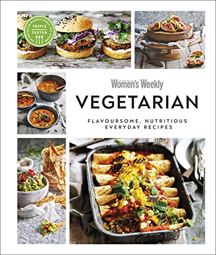 Cookbook cover featuring vegetarian dishes like burgers, enchiladas, and dips.