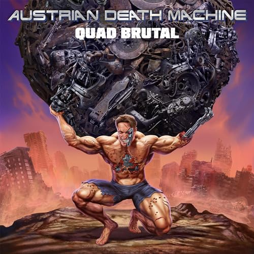 Album cover: muscular cyborg holding a large mechanical sphere.