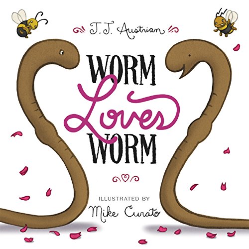 Book cover: two brown worms forming a heart, with bees and hearts.