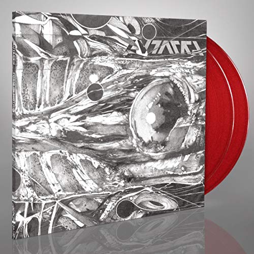 Black and white abstract album cover with a red vinyl record.