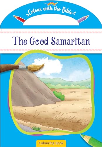 Colouring book cover titled The Good Samaritan featuring an illustration of a desert landscape.