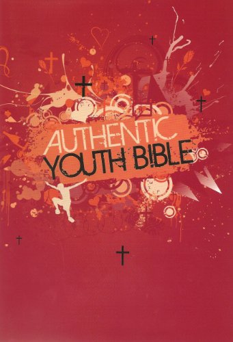 Red book cover titled Authentic Youth Bible with abstract cross and silhouette illustrations.