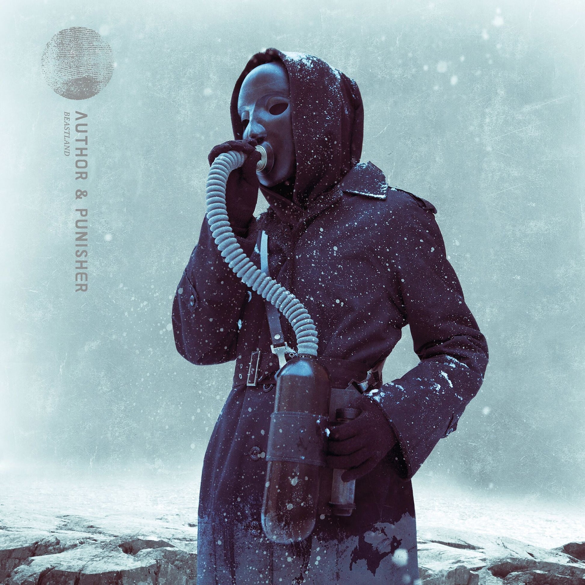 A hooded figure in a dark coat wears a mask with a breathing tube.