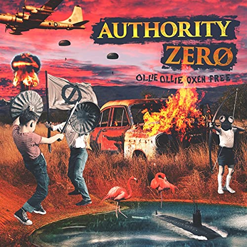 Album cover: Authority Zero, "Ollie Ollie Oxen Free," with chaotic, surreal imagery.