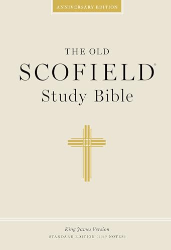 Beige Scofield Study Bible cover with gold cross and text.