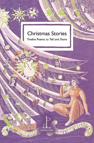 Book cover with illustrated Christmas scene and woman reading aloud.