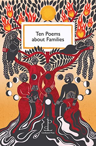 Book cover illustration featuring stylized figures, a tree with flames, and moon phases.