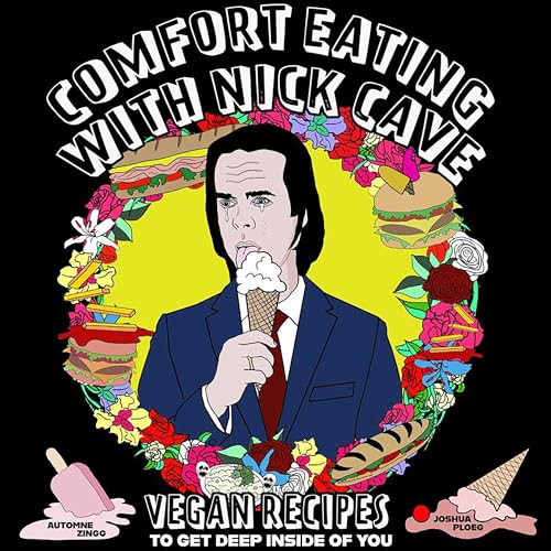 Nick Cave illustration surrounded by vegan food, book cover design.
