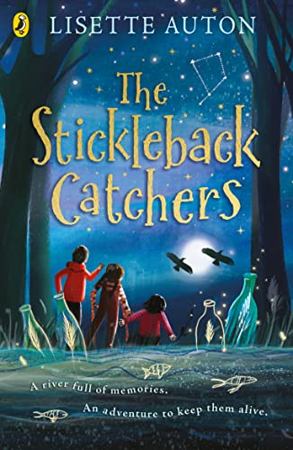 Book cover: children with glowing bottles in a dark, starry forest.