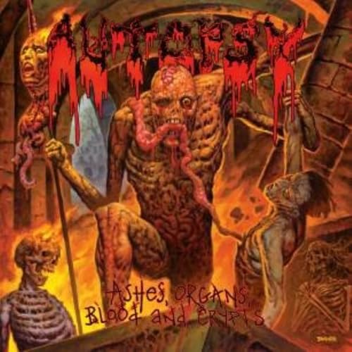 Horror album cover featuring decaying figures and dripping blood, titled “Ashes, Organs…”