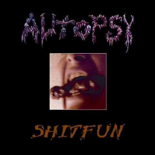 "Album cover with 'Autopsy' in blood-like font, mouth with vomit, on black background."