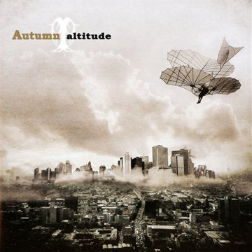A sepia-toned cityscape with a person flying a hang glider above the buildings.