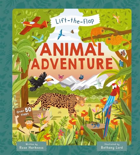 Lift-the-flap book cover with jungle animals, plane, and explorer.